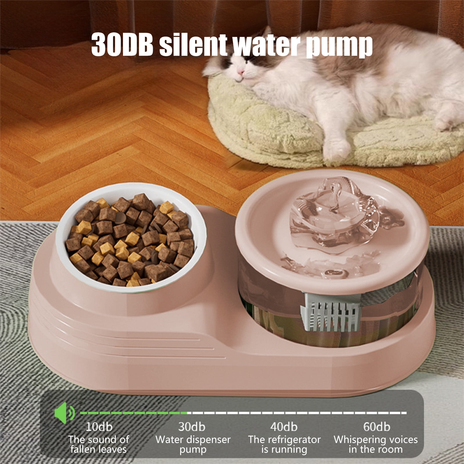 Tvtnvo Pet Water Fountain Automatic Pet Water Dispenser Two In One Feeder with Split Food and Water Bowls Tilted Neck Protection Anti Slip Base Circulating Water for Pets Pink 13.4x7.1x4.7in