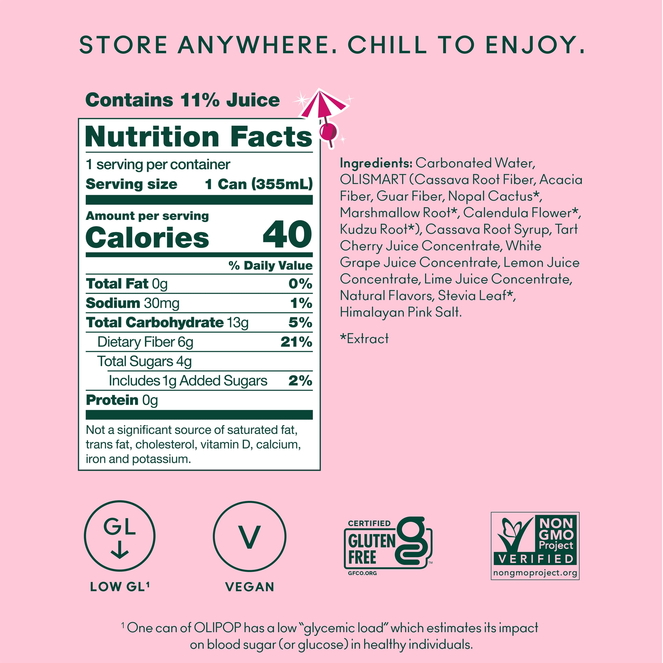 Olipop Prebiotic Soda Pop, Shirley Temple, High Fiber, 12 fl oz, Shelf Stable