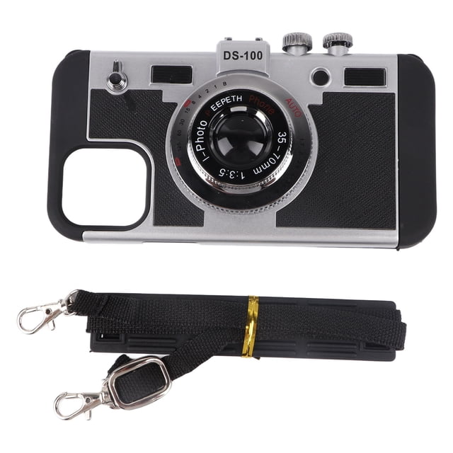 Funda para teléfono con cámara, diseño vintage 3D, funda para teléfono con cordón extraíble para niñas y mujeres, color negro