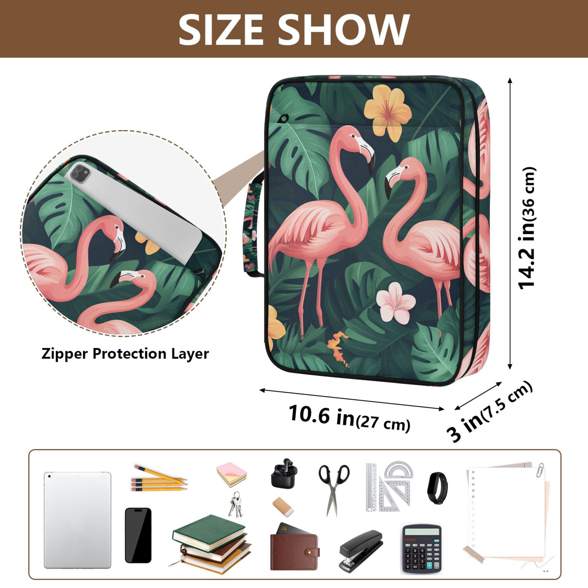 FORMRS Accordion File Folder A4 Size 7-Pocket Expanding Document Organizer Bag with 3 Ring Binder, Flamingo Leaves Pattern
