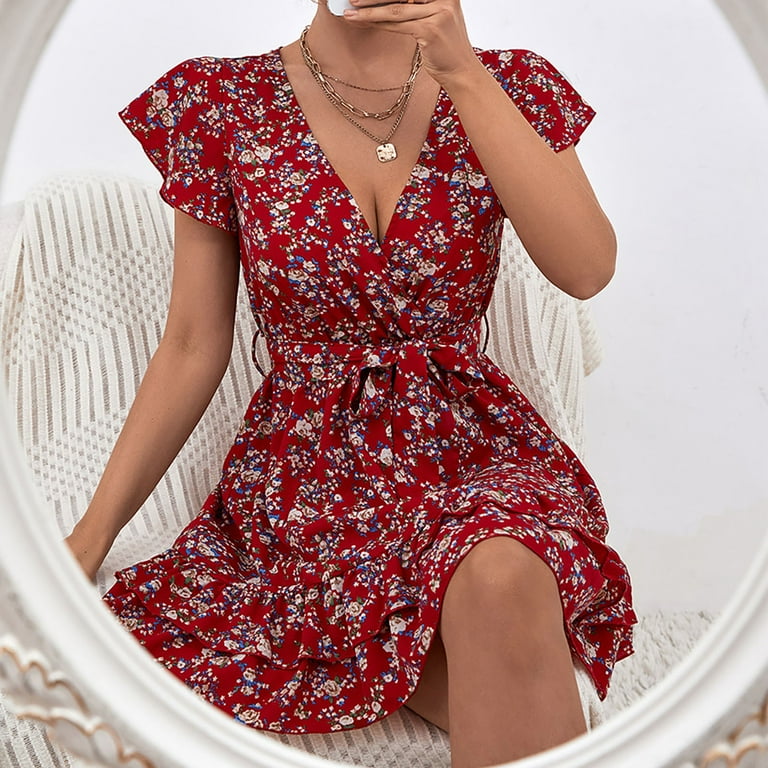 Women's Floral Wrap V-Neck Midi Dress Short Sleeve Boho Summer