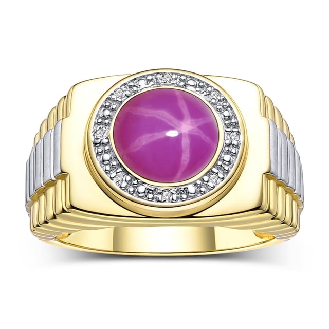 RYLOS Men's Rings 14K Yellow Gold Ring Cabochon Gemstone & Diamonds Designer Style Star Ruby Rings For Men Size 12