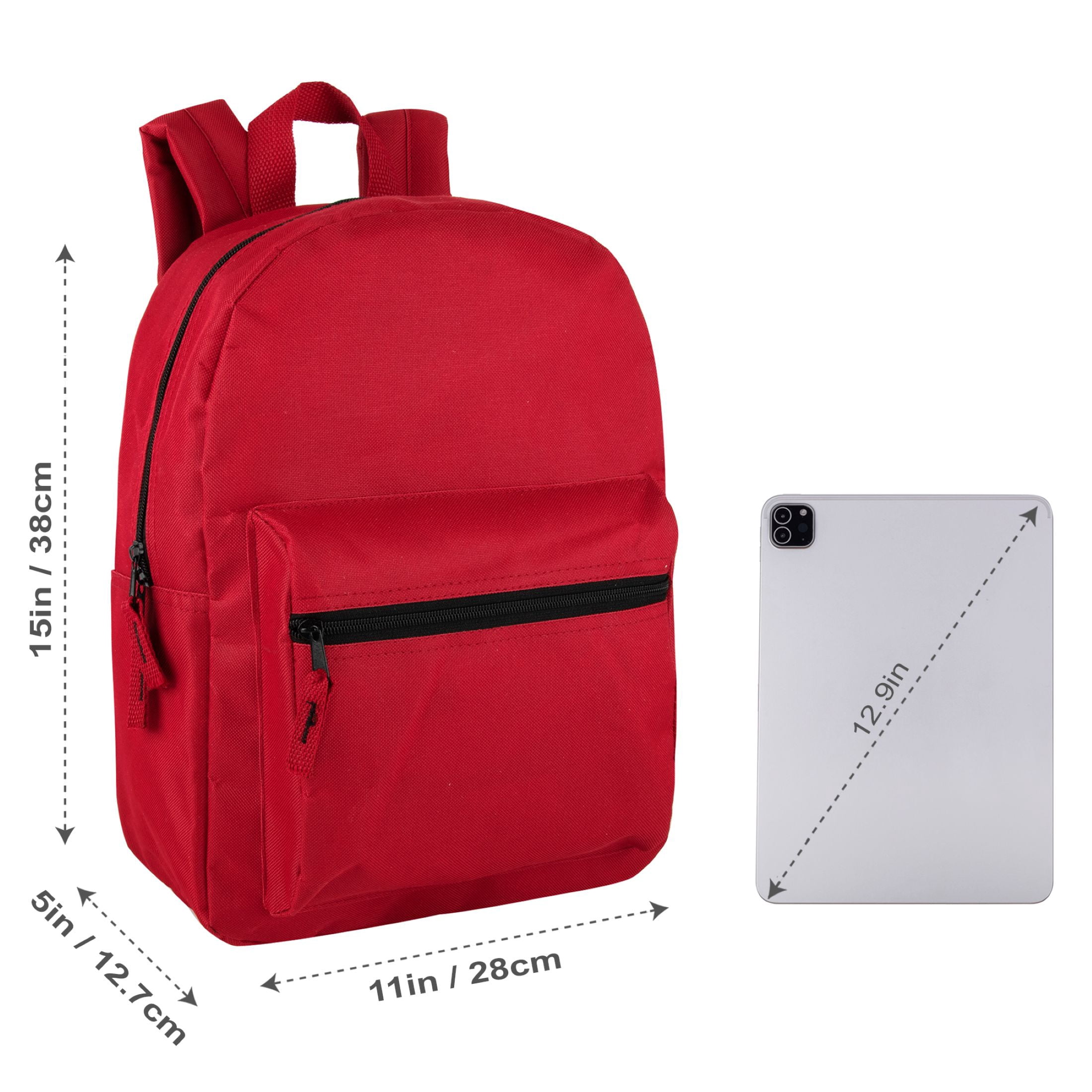 Trailmaker Unisex Solid Color Backpacks, 15 Inch with Front Zipper Pocket, Padded Shoulder Straps (24 Pack, 6 Classic Color Assortment)