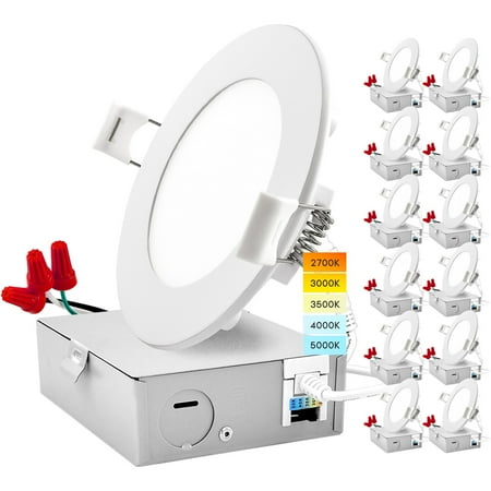 

Luxrite 4 inch Ultra Thin LED Recessed Light with Junction Box 10W 5 Color Selectable Dimmable 750 Lumens ETL Rated 12-Pack