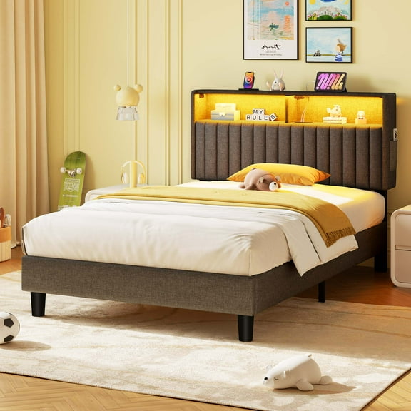 Greenstell Twin Bed Frame with LED Light & Platform Bed with Upholstered Storage Headboard USB Ports & Charging Station, Dark Gray
