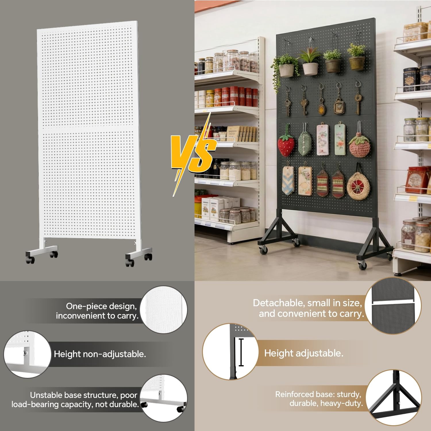 HAIDAIYA Metal Pegboard Display Stand, 3.5' x 5.5' Large Standing Peg Board Panel with 40 Hooks and Wheels, Adjustable Height, Pegboards for Office, Garage, Vendor, Retail Display Rack (Black)