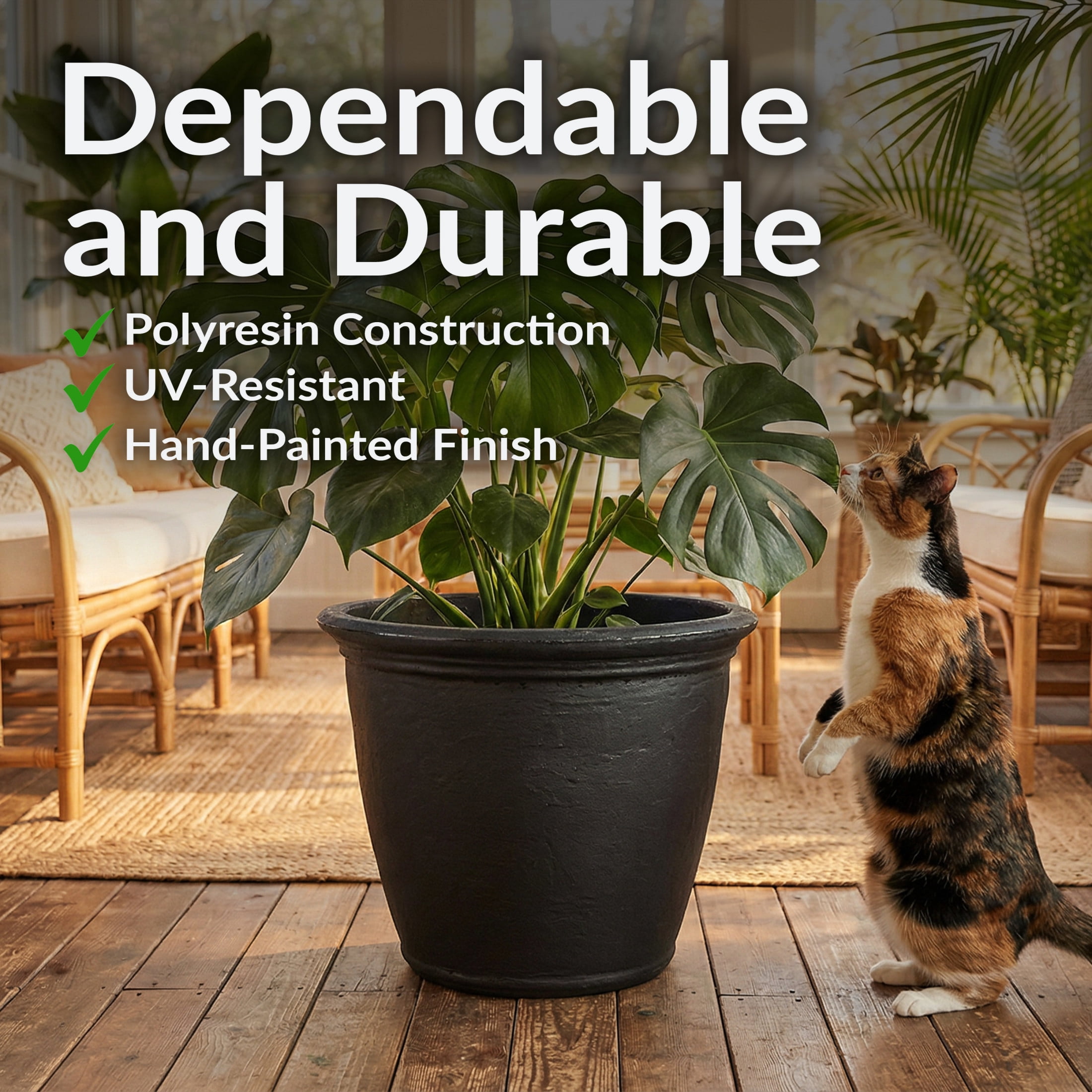Sunnydaze Anjelica 20" x 20" x 16" Round Matte Black Polyresin Outdoor Planter Pot