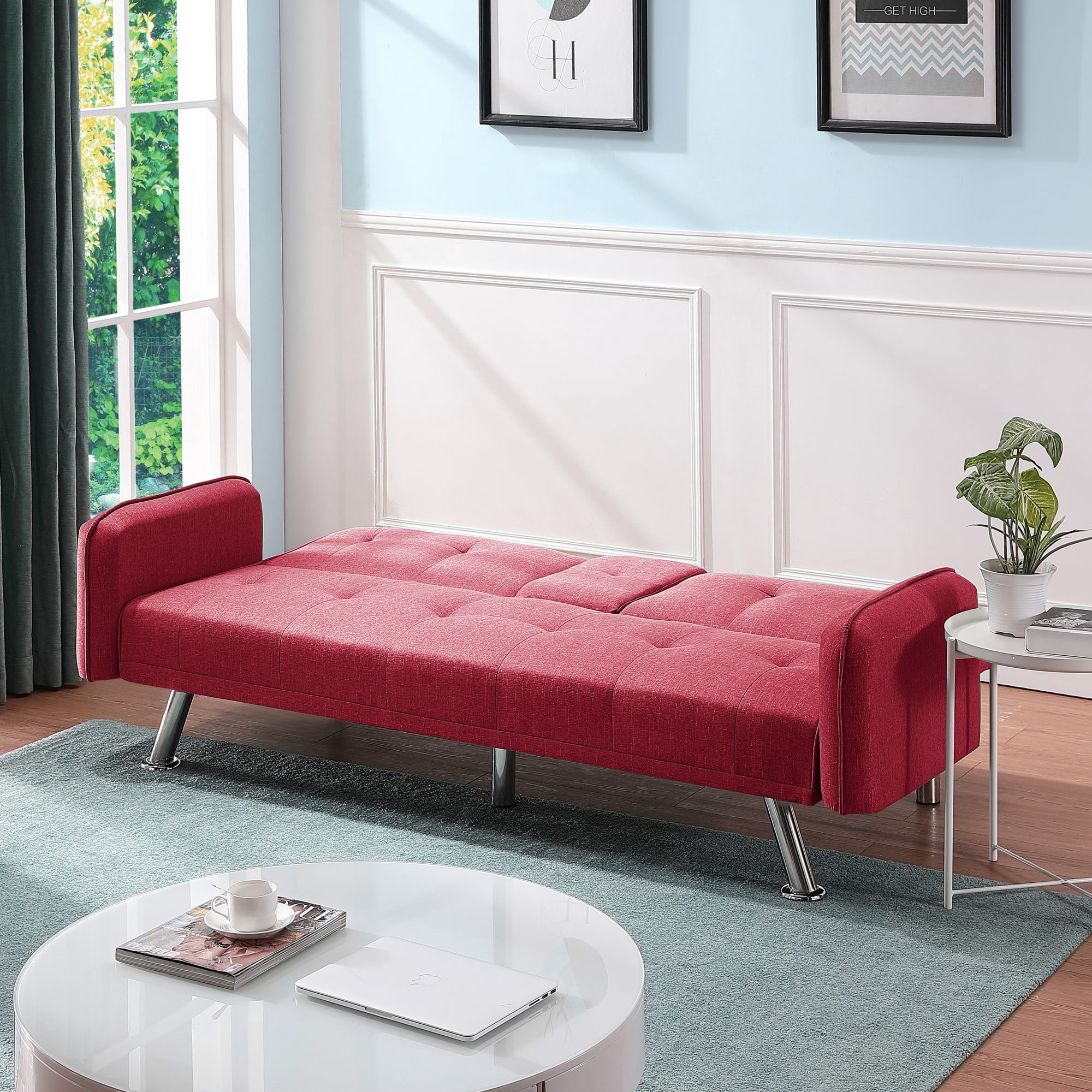 Gewnee 74.4” Futon Sofa Bed with 3-Angle Adjustable Backrest & Cup Holders,Twin Sleeper Sofa with for Home,Office,Guest Room(Red）