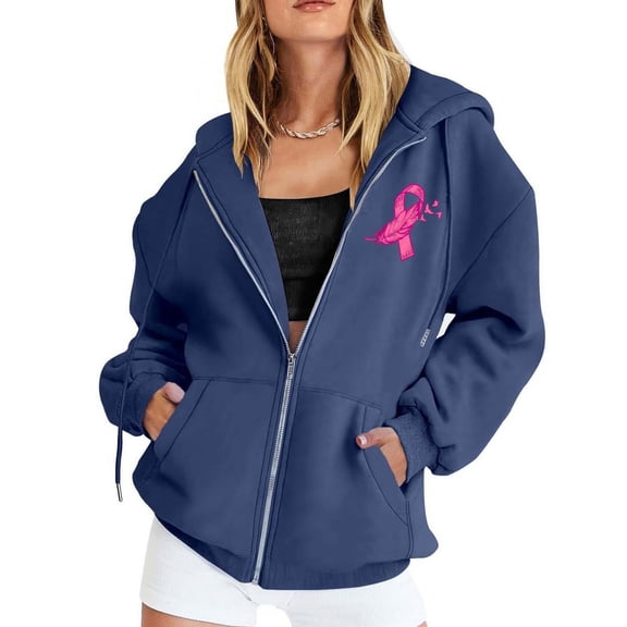 Lumtrix Breast Cancer Awareness Hoodies Zip Up For Women Track Jackets Long Sleeve Pink Ribbon Awareness Hoodies Jacket With Pockets Royal Blue S