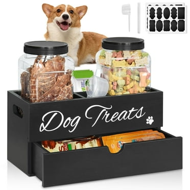Dog Treat Container, Wood Dog Food Storage Holder with 3 PlasticTreat Jars, Farmhouse Food Storage Cat Treat Container, Pet Food Storage for Cat, Dog, Small Animal