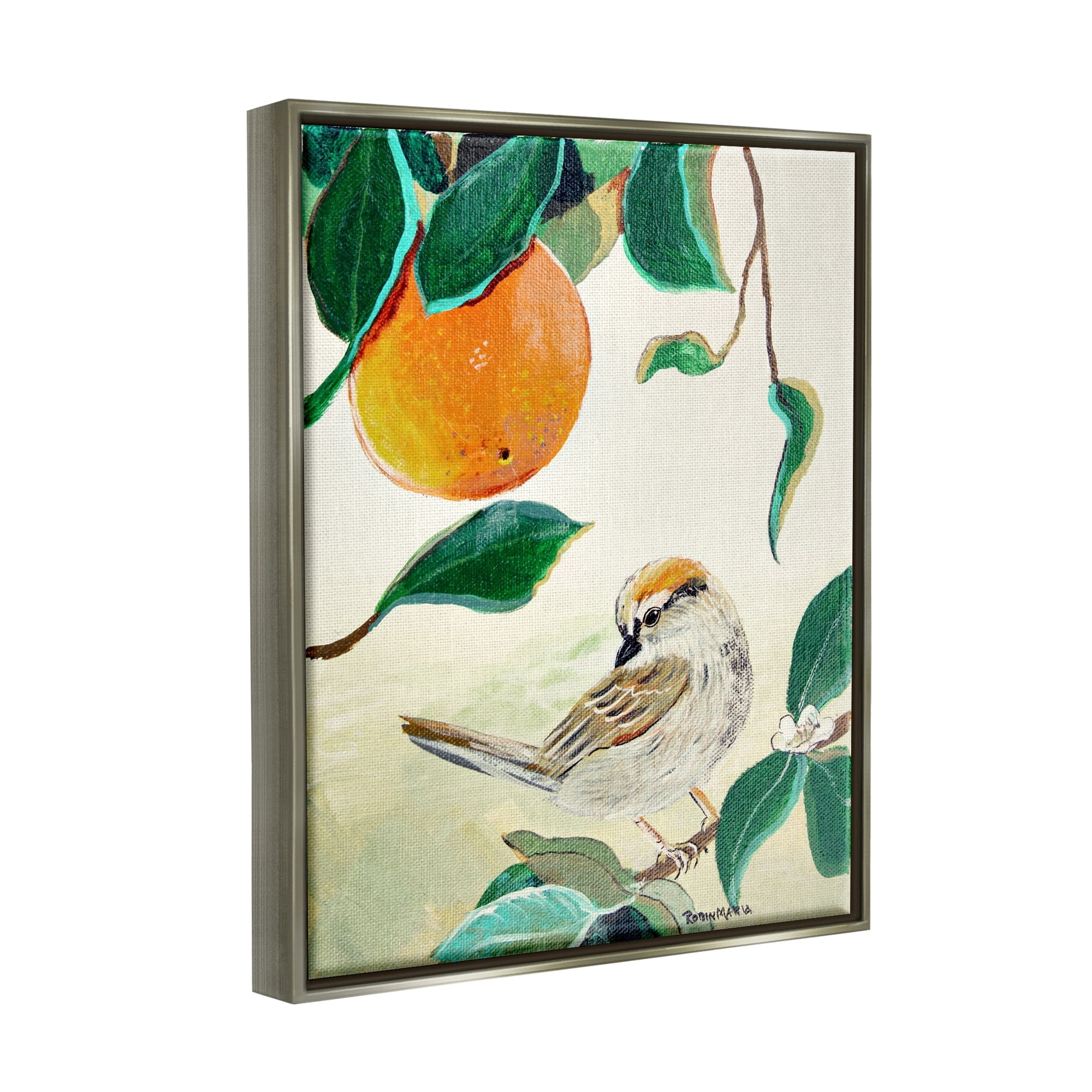 Stupell Industries Bird Perched Orange Fruit Tree Branch Leaves Painting Luster Gray Floating Framed Canvas Print Wall Art, Design by Robin Maria