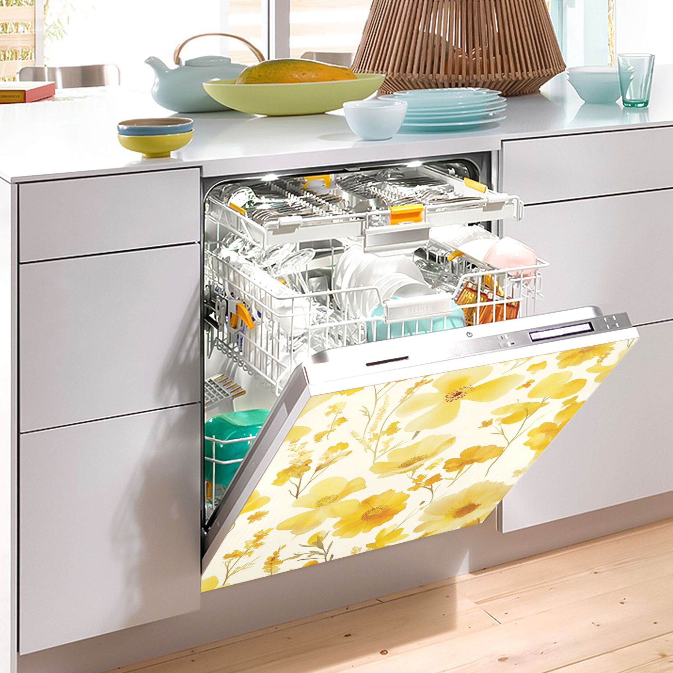 Dishwasher Magnetic Sticker 23x26 Inch Refrigerator Magnetic Sticker Washing Machine Magnetic Sticker Kitchen Panel Magnetic Sticker Home Decor Yellow Flowers Seamless