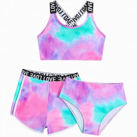 TOWED22 Girls Swimsuit 3 Piece Bathing Suits Floral Bikini Set with Cover Up Skirt Drawstring Ruffle Swimwear for 5-12Y Purple,7-8 Y