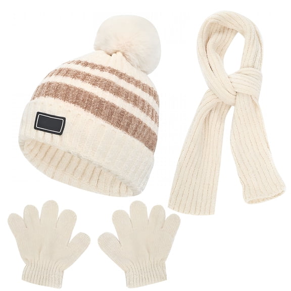 TELOLY Boys Girls Hat Scarf Glove Three Piece Set Fall Winter Thick Knitted Warm Hat Scarf Glove Suit Beige