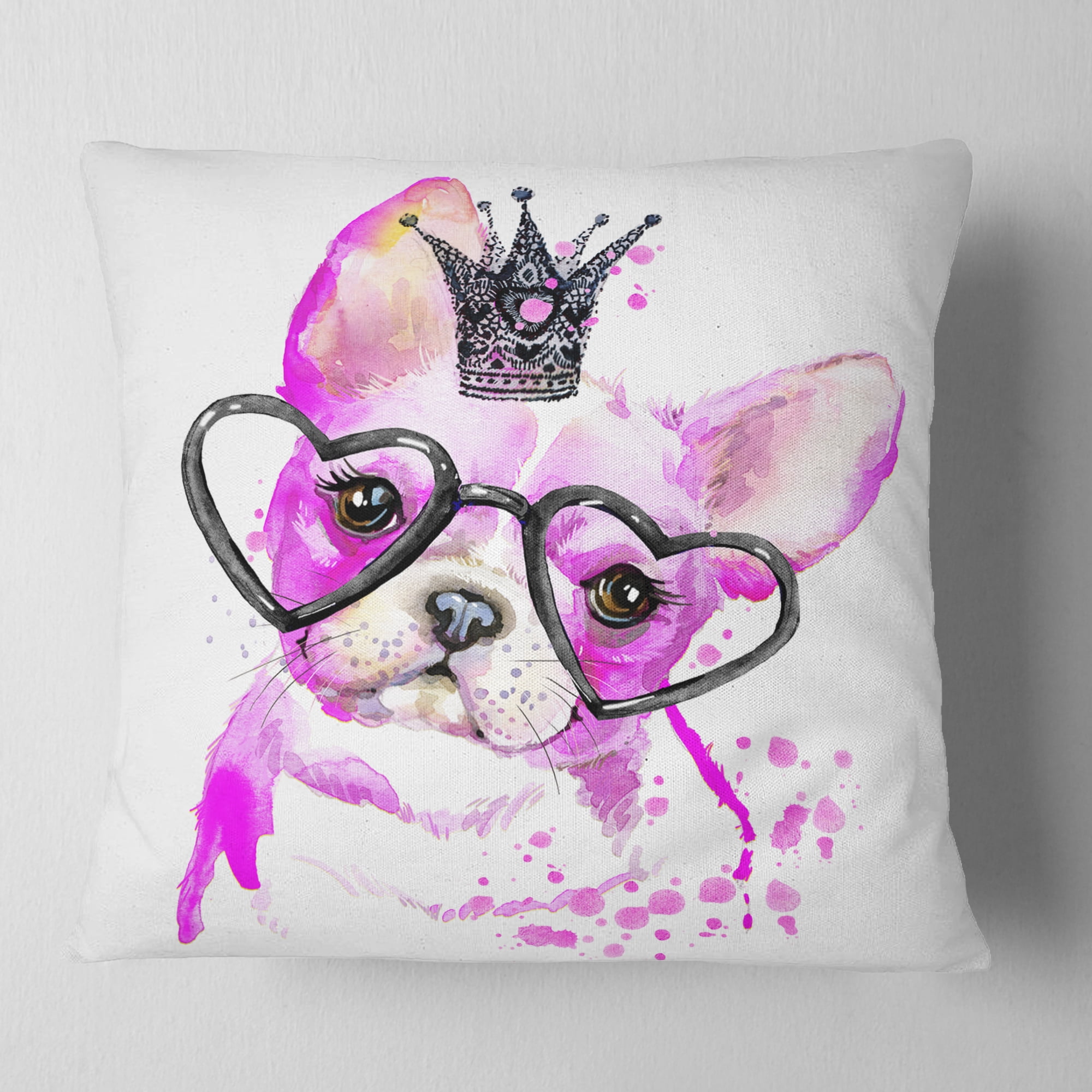 Designart Cute Pink Dog with Heart Glasses - Contemporary Animal Throw Pillow - 18x18