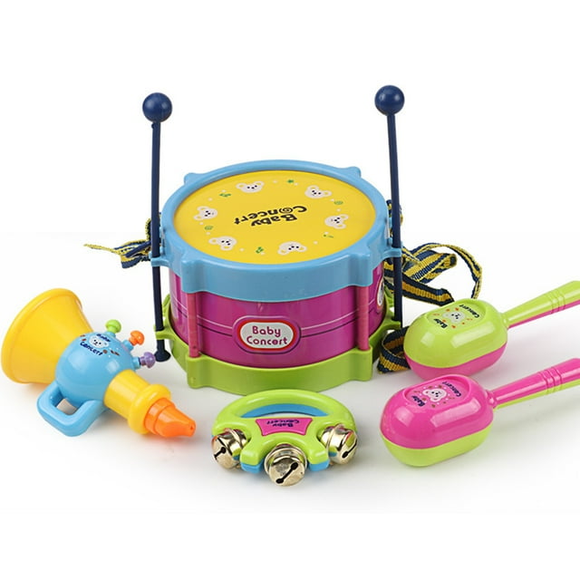 Tambor musical Juguetes de instrumentos musicales para niños, juego de batería, incluye baquetas de tambor, trompeta de martillo de arena de campana para niños y niñas de 3 años o más Meterk Tambor musical