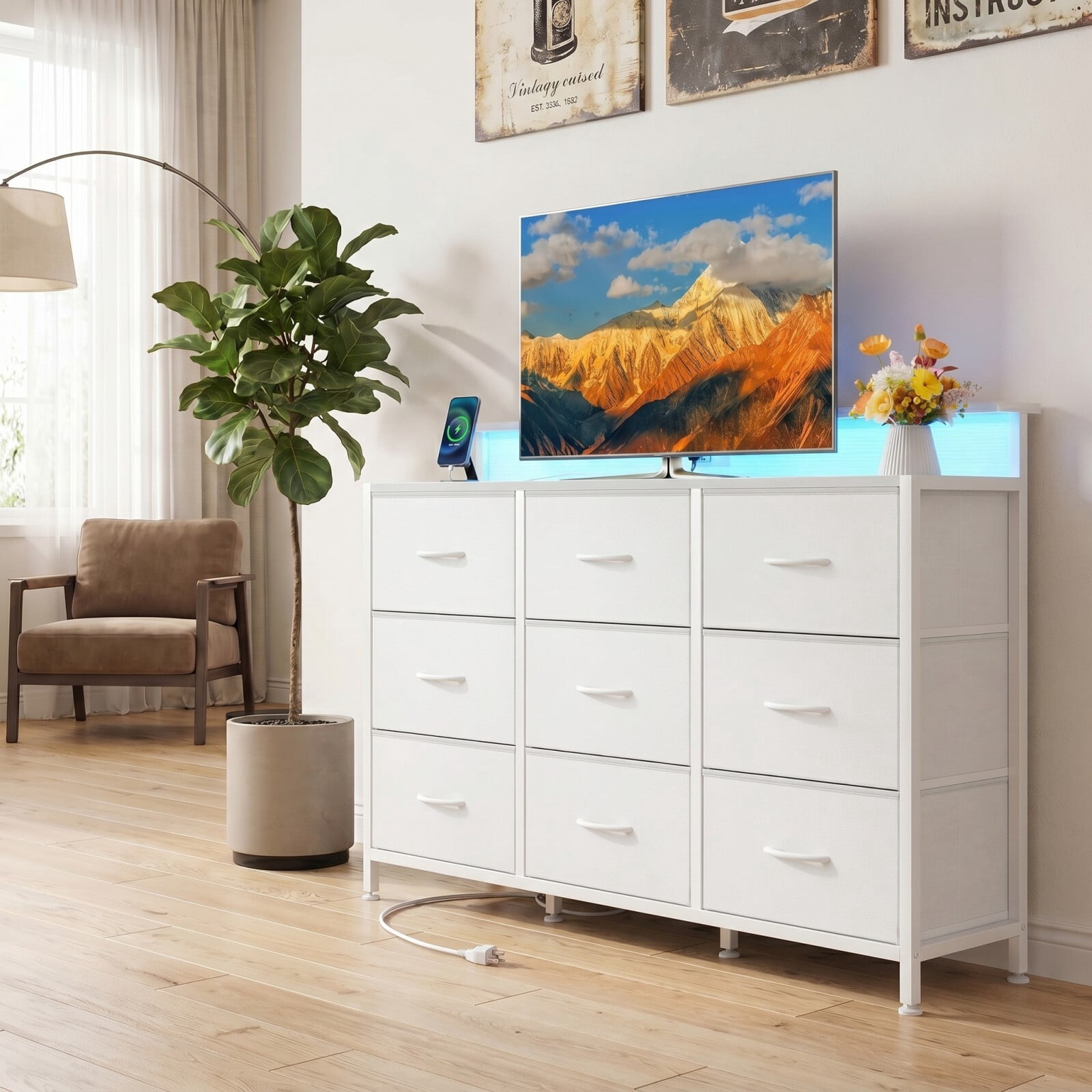 BEAUTYPEAK TV Stand Dresser with 9 Fabric Drawers LED Light AC USB-C Charging Station, White