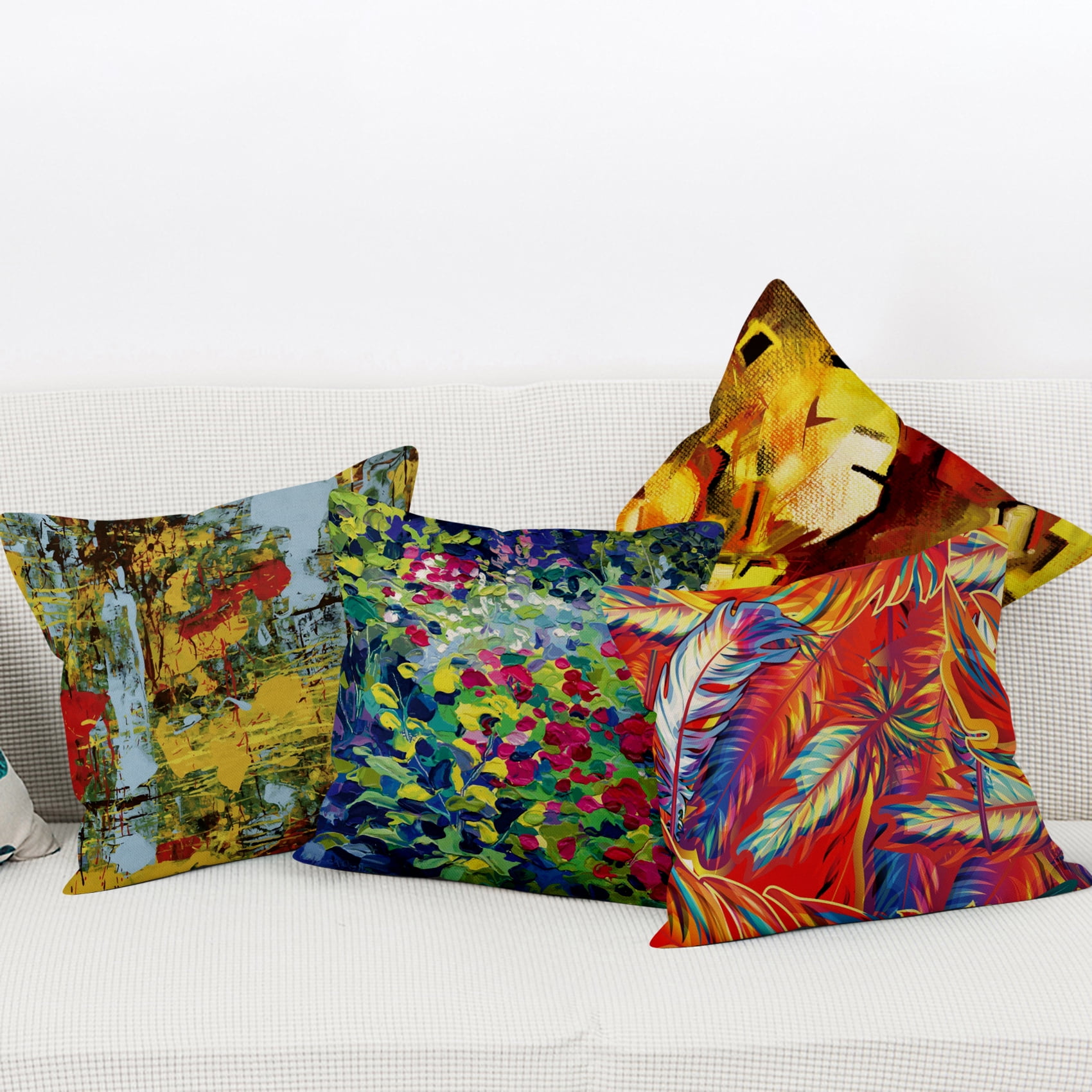 Boho Floral Linen Throw Pillow Covers,Set of 4 20x20 Inch,Bohemian Cushion Cases for Home Decor Sofa Couch Living Room Car