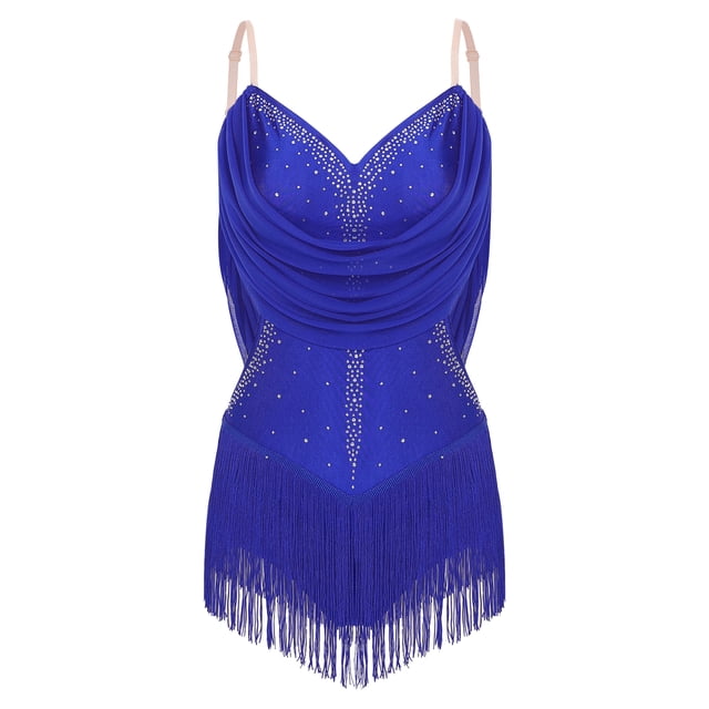 Yeahdor Robe de Cocktail Sans Manches Rumba Salsa Latin Ballroom Dance avec Franges Bleu Royal G