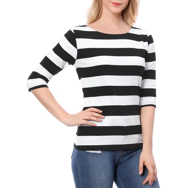 Dde San Patricio Camisecon mangas de codo pamujer Camisebásiinformal con cuello de barco y corte ajustado Blanco negro M
