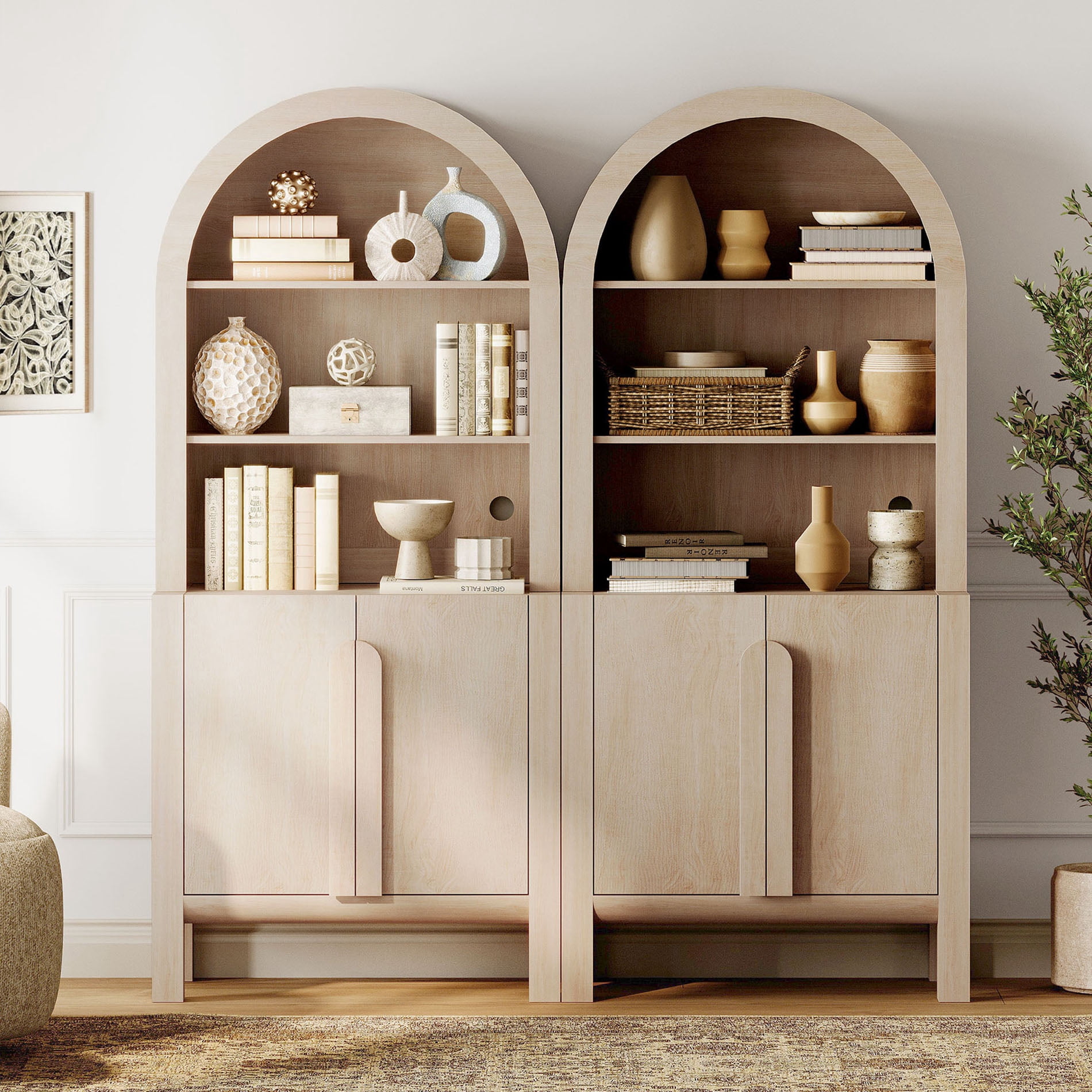 71” Tall Arched Bookshelf Set of 2, Modern 5 Tier Bookcase with Cabinet, Wooden Display Cabinet with Doors and Adjustable Shelves, Versatile Bookshelf for Living Room, Study, Office