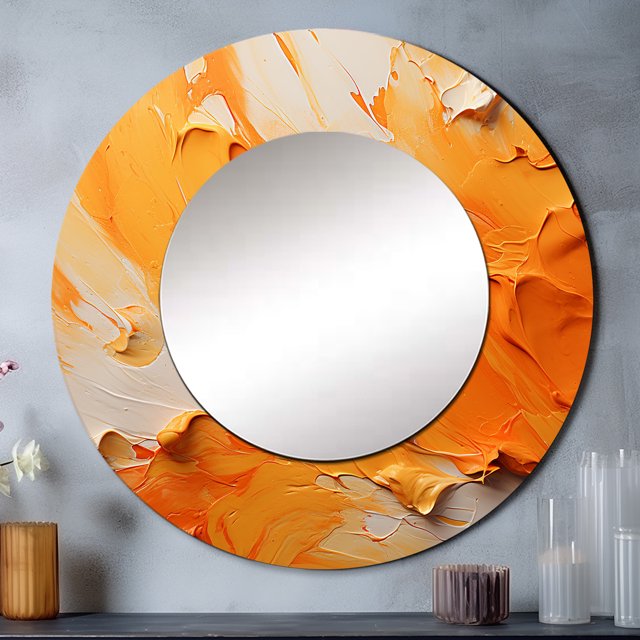 Designart "Dancing Tangerines I" Abstract Landscape Yellow Large Round Mirror - Round Mirror Wall Décor - Modern Round Printed Mirror 36" x 36" Inch