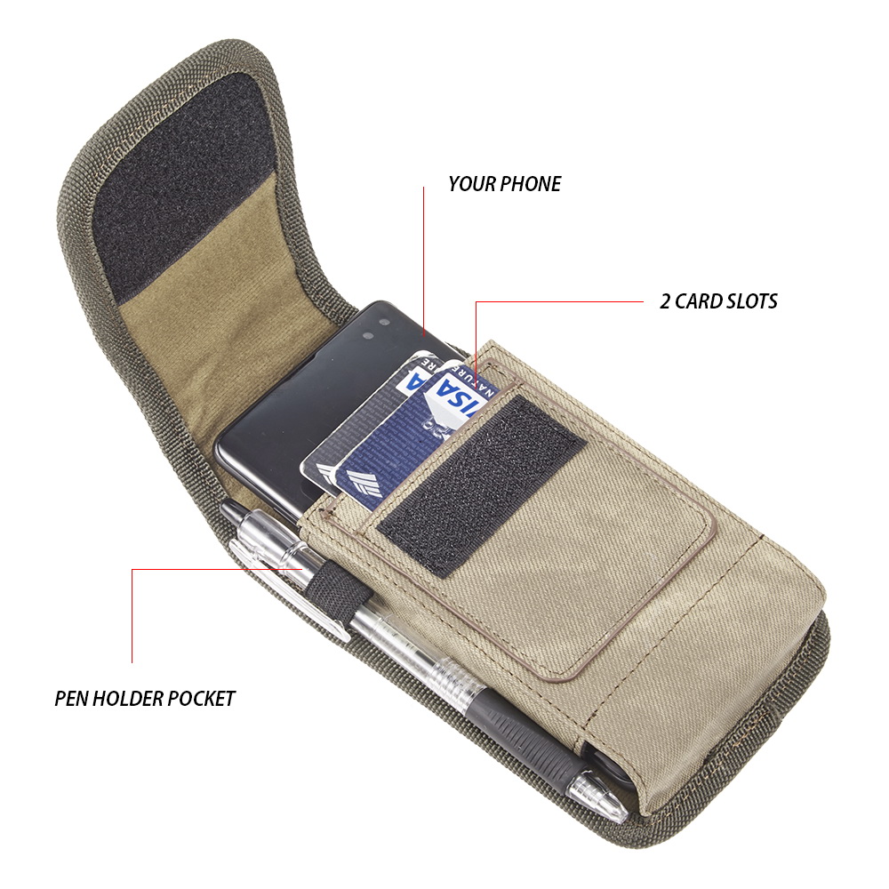 6.5-inch Vertical Light Brown Denim Universal Cell Phone Holster Pouch with Card Slots and Belt Clip