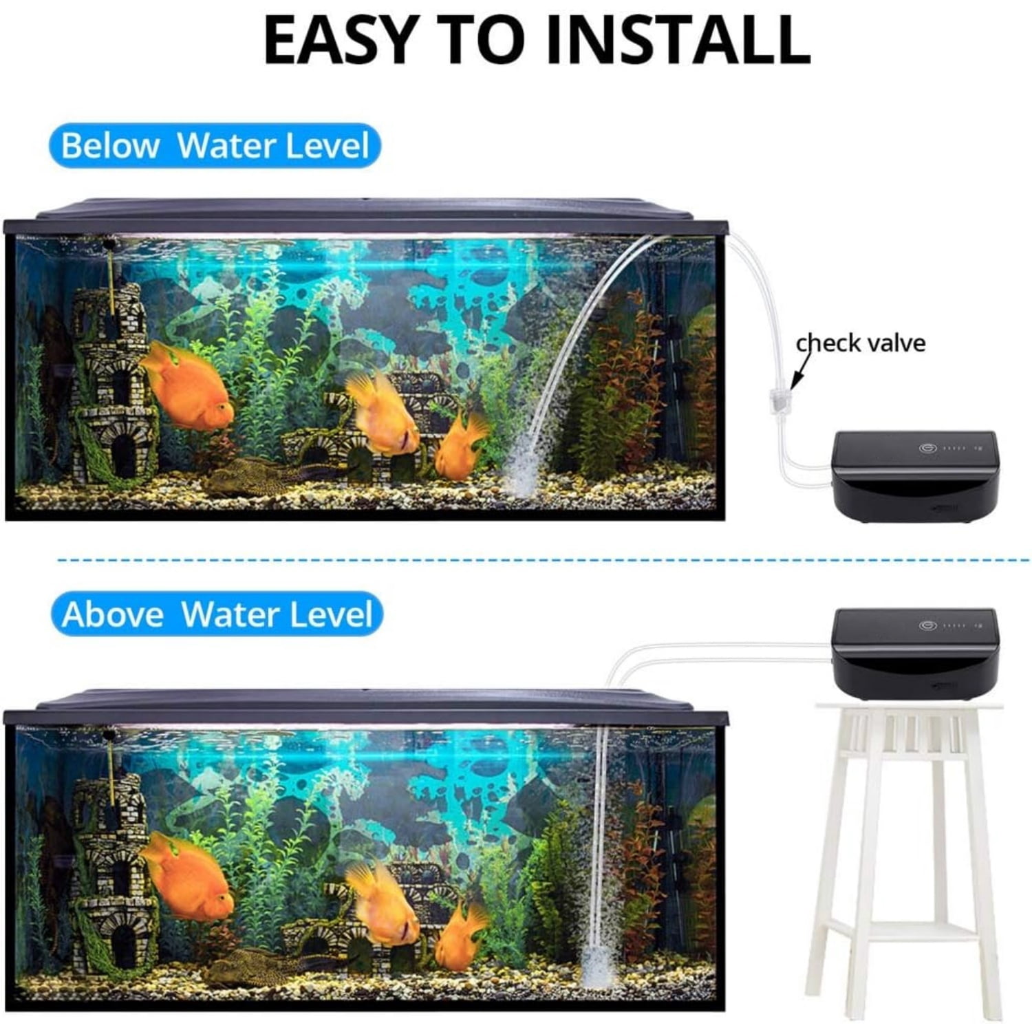 Air Pump Battery Rechargeable Fish Air Pumps Portable Bubbles Oxygen Pump Aquarium Aerator Fresh & Saltwater Aquariums Air Pumps with Air Stone, Tubes, USB Cable (5W for 1-160Gal Tank)