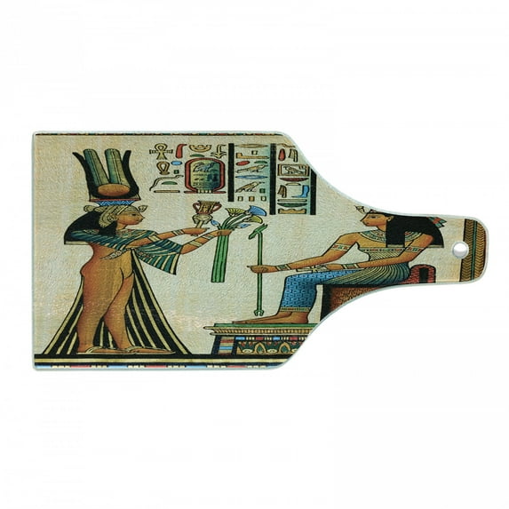 Egyptian Print Cutting Board, Old Papyrus Depicting Queen Nefertari Historical Empire Art, Decorative Tempered Glass Cutting and Serving Board, Wine Bottle Shape, Multicolor, by Ambesonne