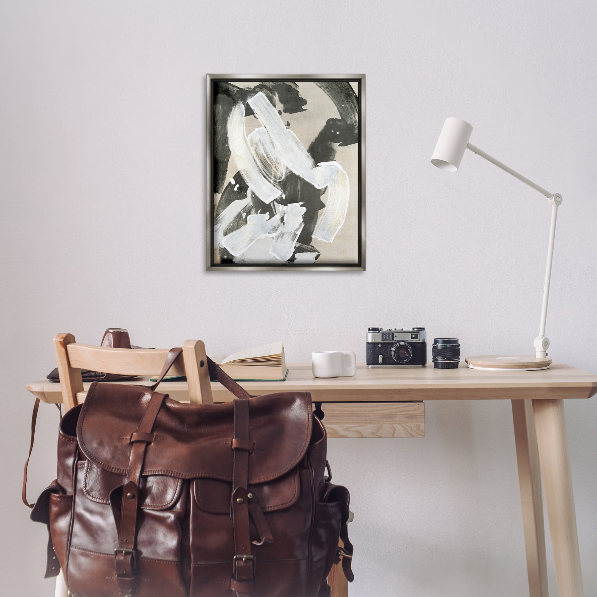 Stupell Industries Chaotic White Paint Streak Abstract Painting Gray Floater Framed Canvas Art Print Wall Art, 25 x 31