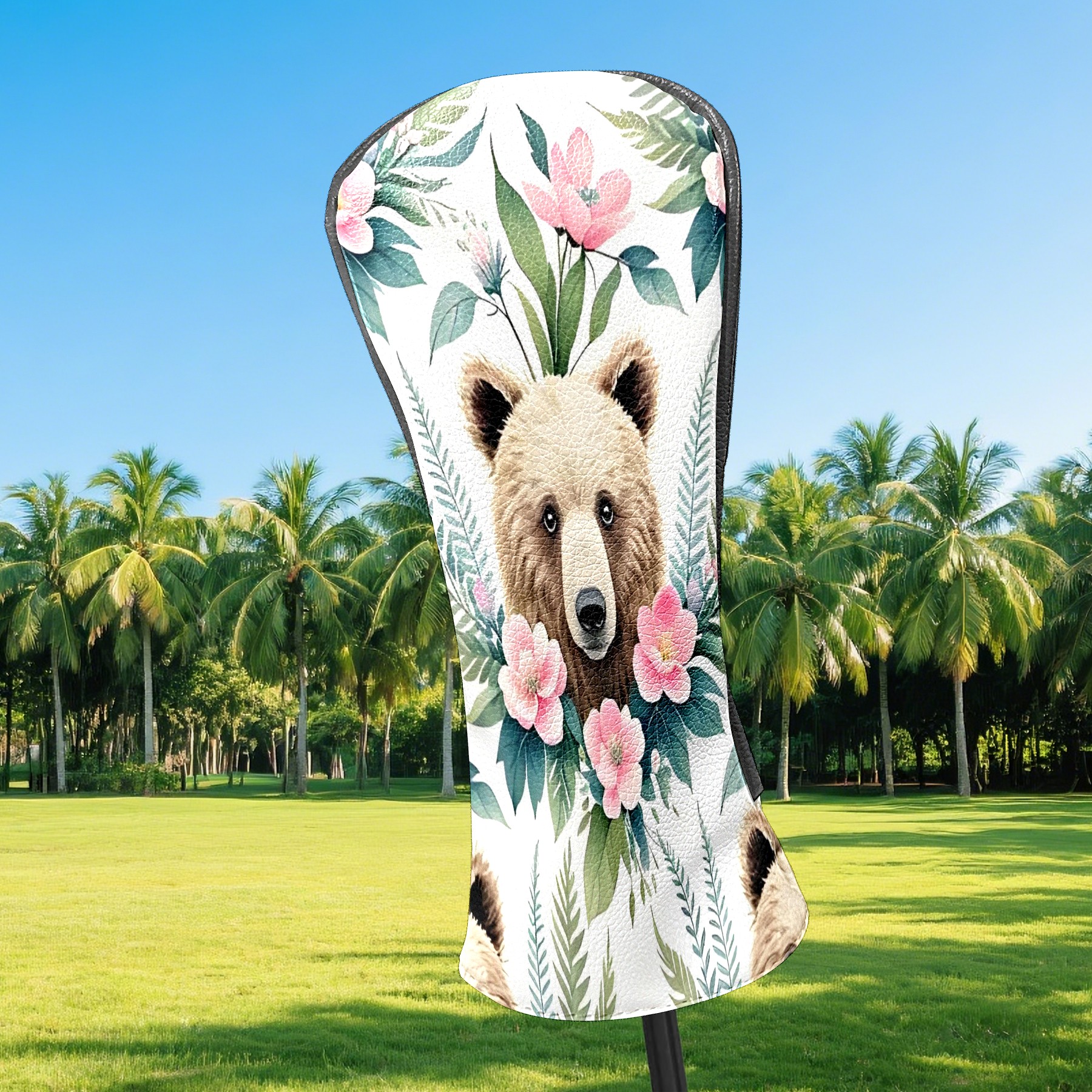 Golf Club Covers, Brown BearFlower Premium PU Leather Driver Hybrid Putter Head Covers with Velvet Lining, Waterproof Golf Gifts for Men Women