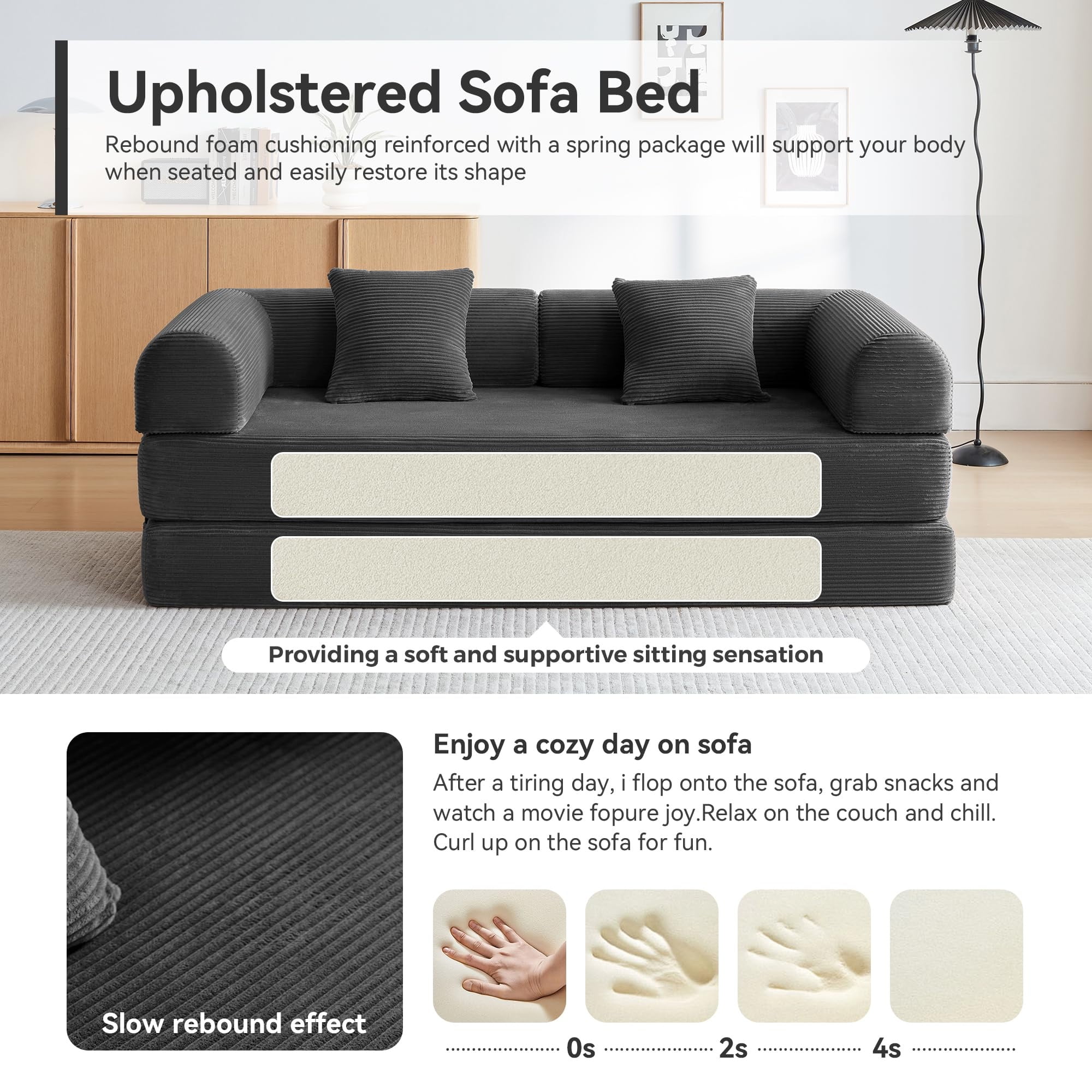 Aukfa 79" Chaise Futon Convertible Sofa Bed Boneless Couch with Fixed Frame, 2 Pillows, King Size, Corduroy, Black
