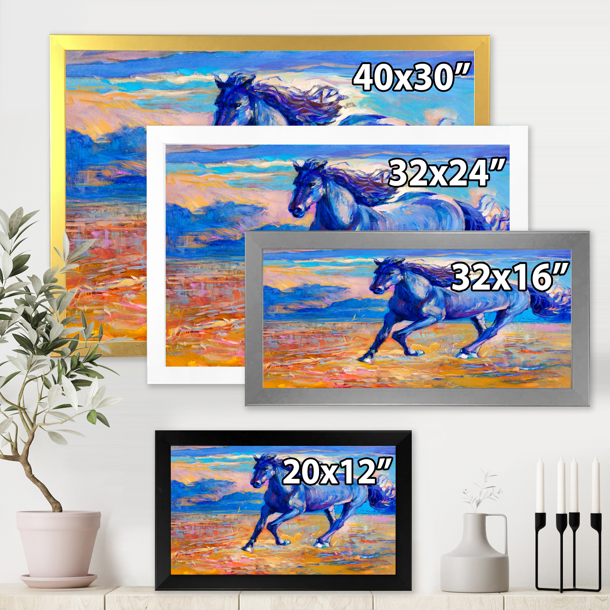 Designart 'Abstract Blue Horse Galoping Over The Prairie' Farmhouse Framed Art Print