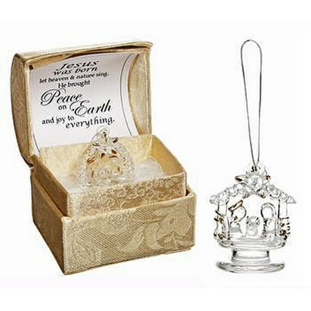 Nativity Glass Ornament - Glass Nativity Scene Ornament With Gold Colroed Fencing Accents and Gift Box - By Ganz