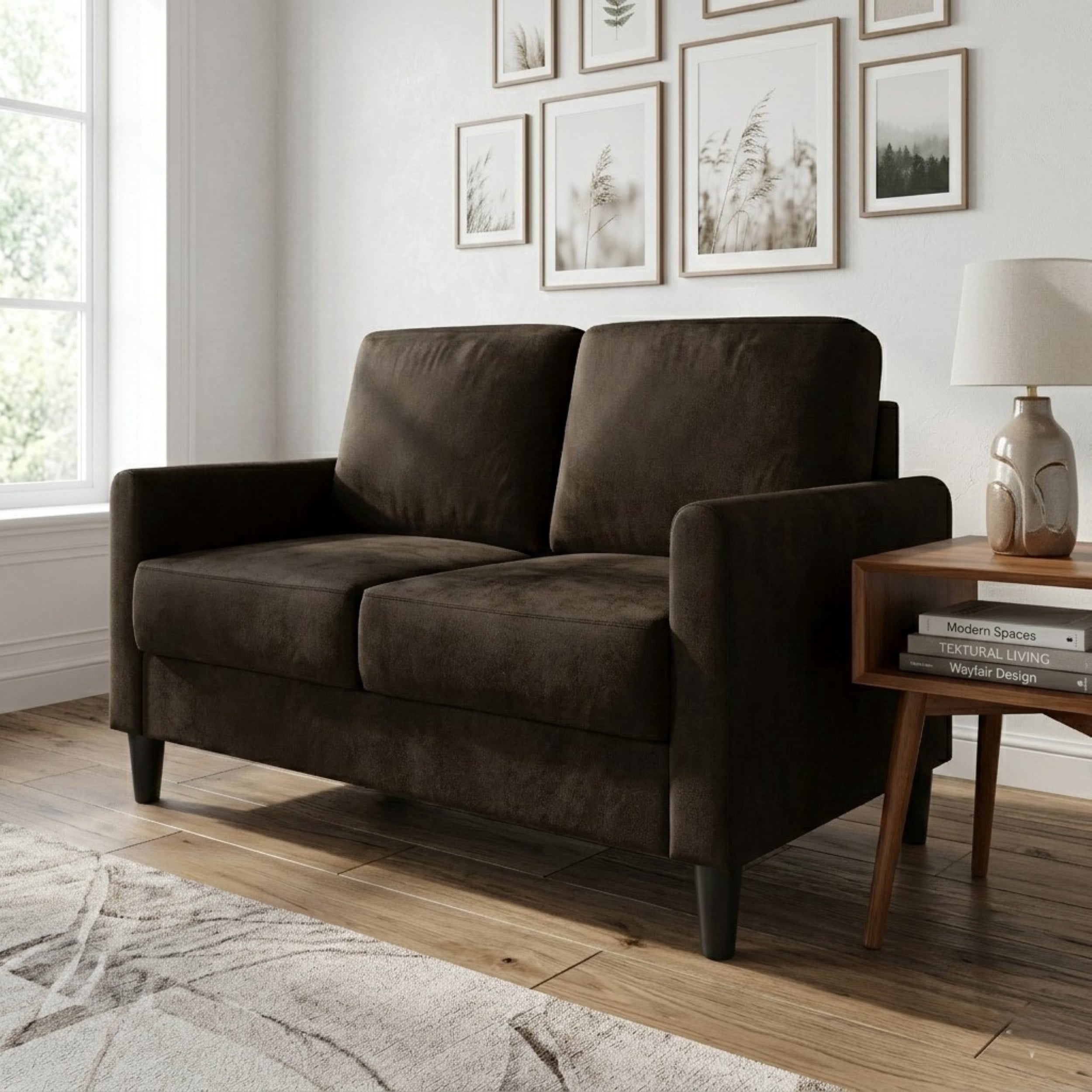 Home Design Goliad Velvet Arm Loveseat with Pocket Spring, Soft Cushions, Clean Lines Design, Brown