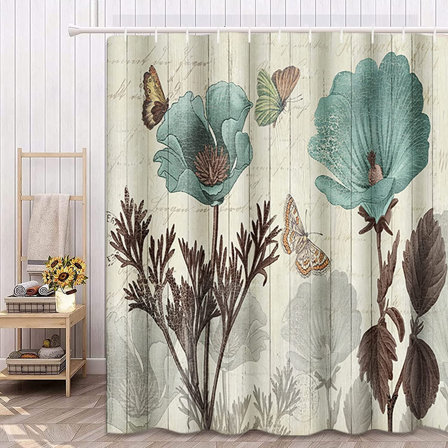 Blue Hydrangeas Shower Curtain 72 x 72 Inch, Spring Floral Daisy Shower Curtain Butterfly Shower