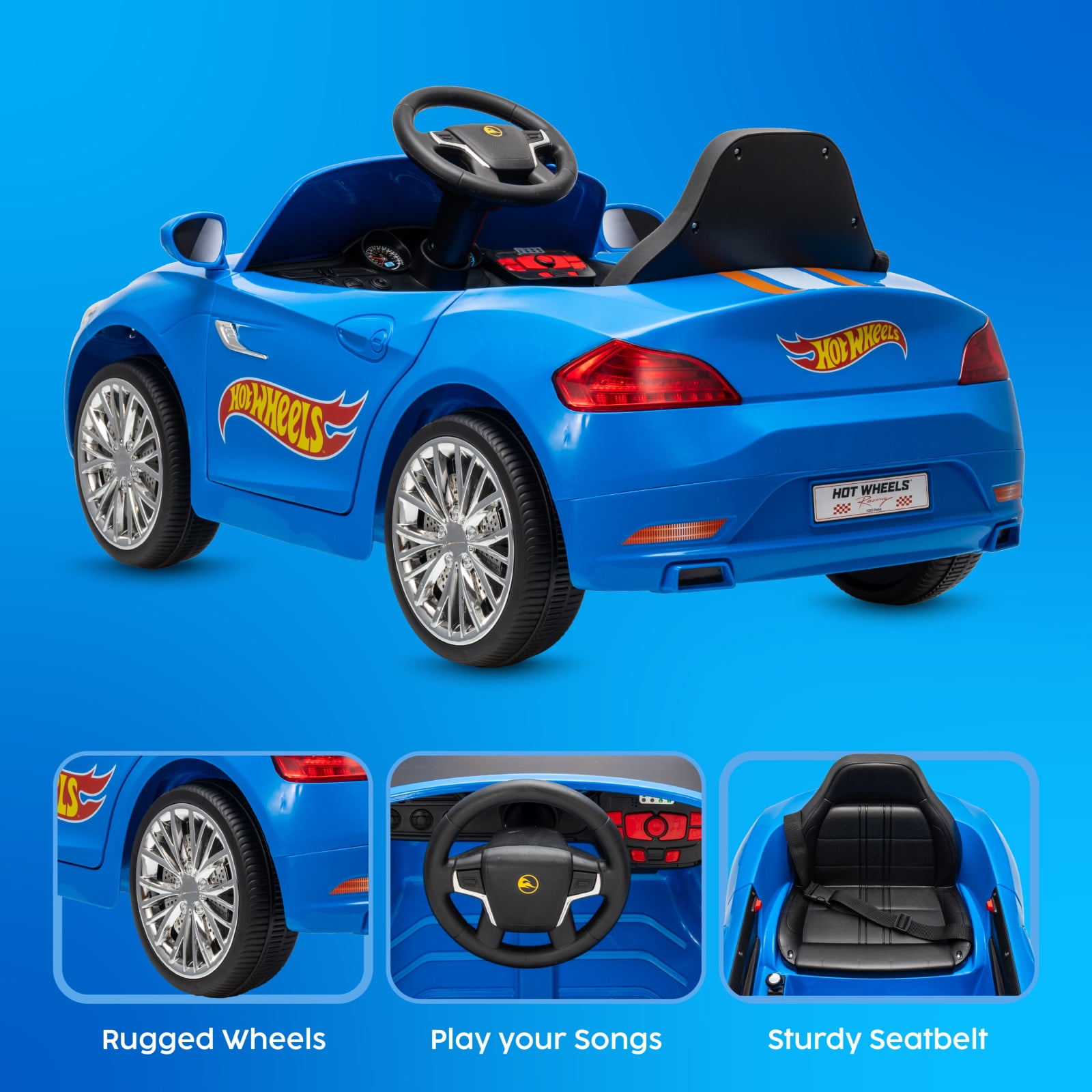 Hot Wheels 6V Battery-Powered Convertible Ride-On Car for Kids, Blue with Racing Stripes