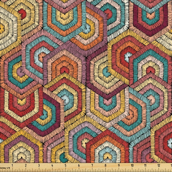 Ambesonne Ethnic Fabric by the Yard Upholstery, Mexican Colorful Hexagons, 2 Yards, Dark Yellow and Marigold