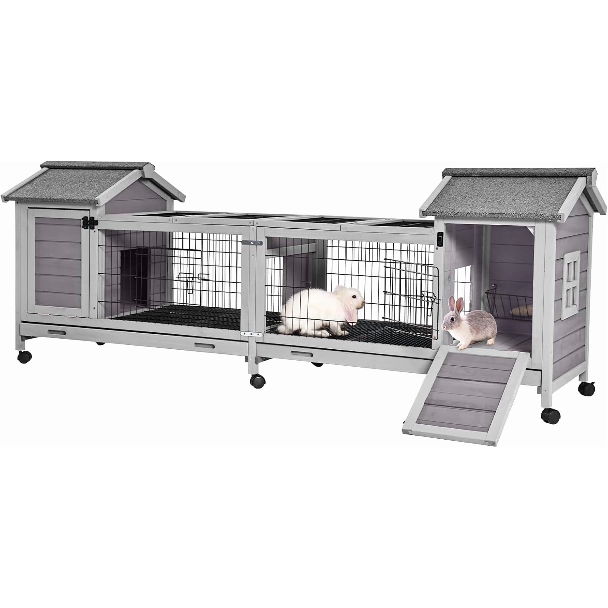 Themis Wooden Rabbit Hutch with Wheels, Indoor Outdoor Bunny Cage with Removable Netting, Guinea Pig House with Leak-Proof Trays