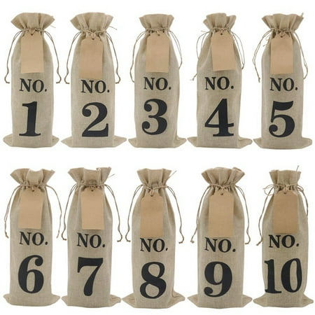 

10Pcs Burlap Wine Bags with Tags for Blind Wine Tasting Numbered Hessian Cloth Glass Gift Bags for Christmas Wedding Party Decoration