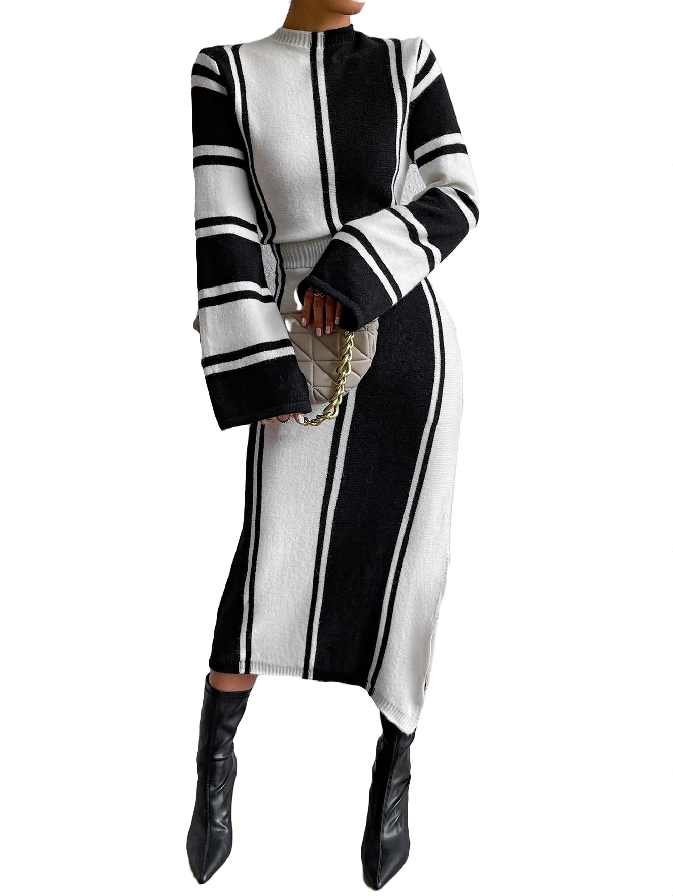 Casual Colorblock Stand Collar Black and Long Sleeve White Women's Sweater Dresses (Women's