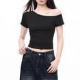 thumbnail image 5 of Off the Shoulder Tops for Women Casual Loose Short Sleeve T-Shirts 2026summer Fashion Slim Basic Tee,Black,S, 5 of 6