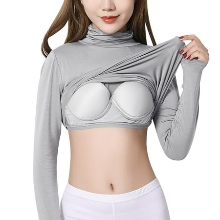 Rigardu plus size tops workout shirts women t shirts for women Ladies  Solid Color Padded Turtleneck Long Sleeve T Shirt Women S Bra Cup Rim Pajamas Underwear Bottoming Shirt Grey+XL
