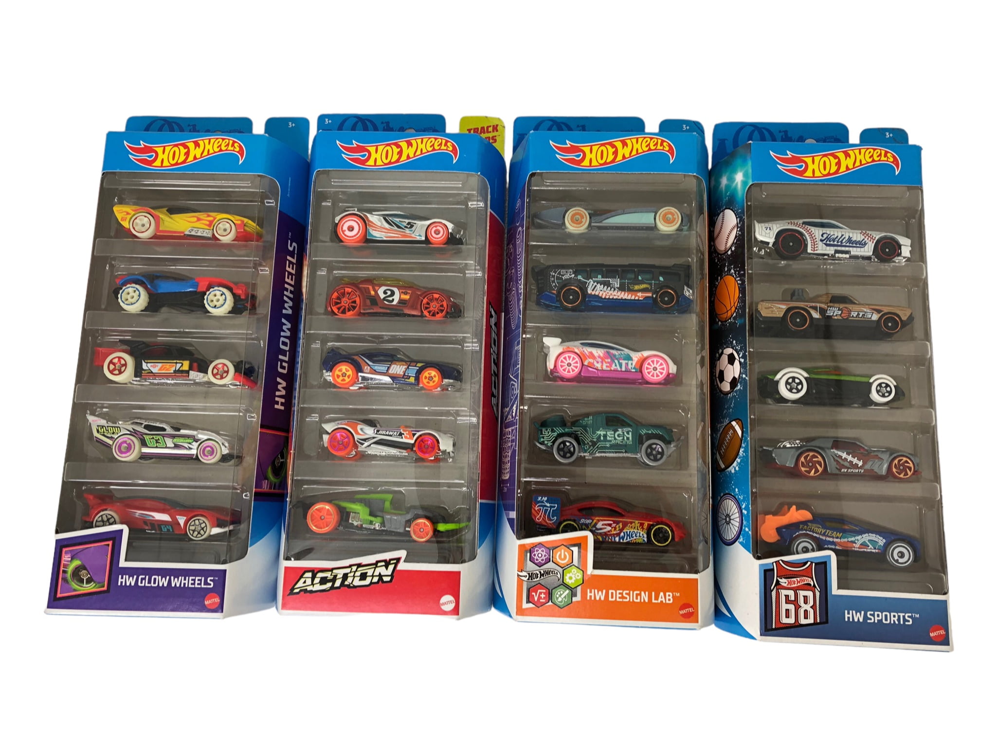 Hot Wheels 20 Cars Four 5 Packs Glow Wheels, Action, Design Lab, and