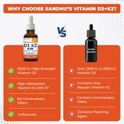 Sandhus Vitamin D3 K2 Drops for Adults | 5000 IU D3 Liquid, 120mcg K2 Supplement 1 Fl Oz (Pack of 2) | D3K2 Supports Superior Absorption, Energy, Immune, Muscle Health for Men & Women