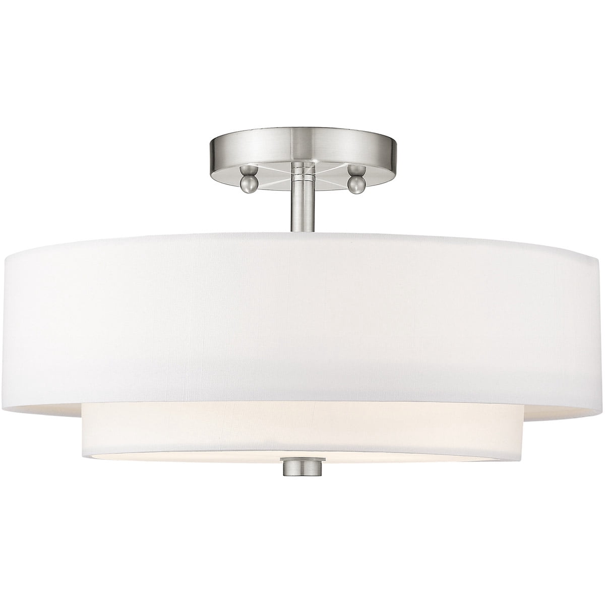 3 Light Brushed Nickel Ceiling Light fixture with Hand Crafted Off-White Fabric Hardback Shade