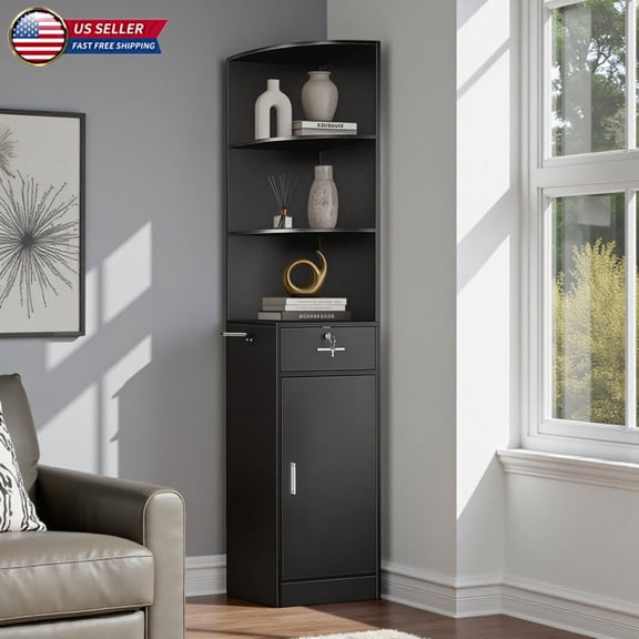 Hassch 75.2"H Corner Salon Cabinet with Drawer & Door, Wall-Saving Hair Styling Storage Organizer with Built-in Hair Dryer Holder, Matte Black Barber Station for Bathroom, Bedroom, Living Room