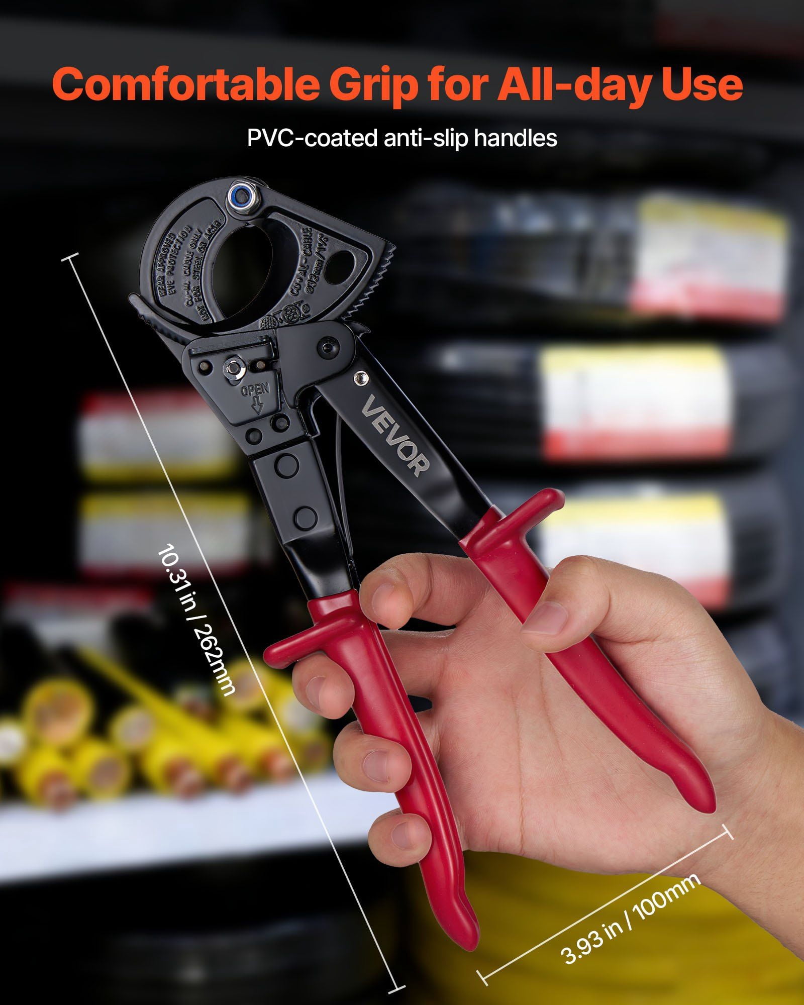 Ratcheting Cable Cutter Spring Steel Blades PVC-Coated Handles Quick-Release Button Heavy Duty Wire Cutter for Copper & Aluminum Cables