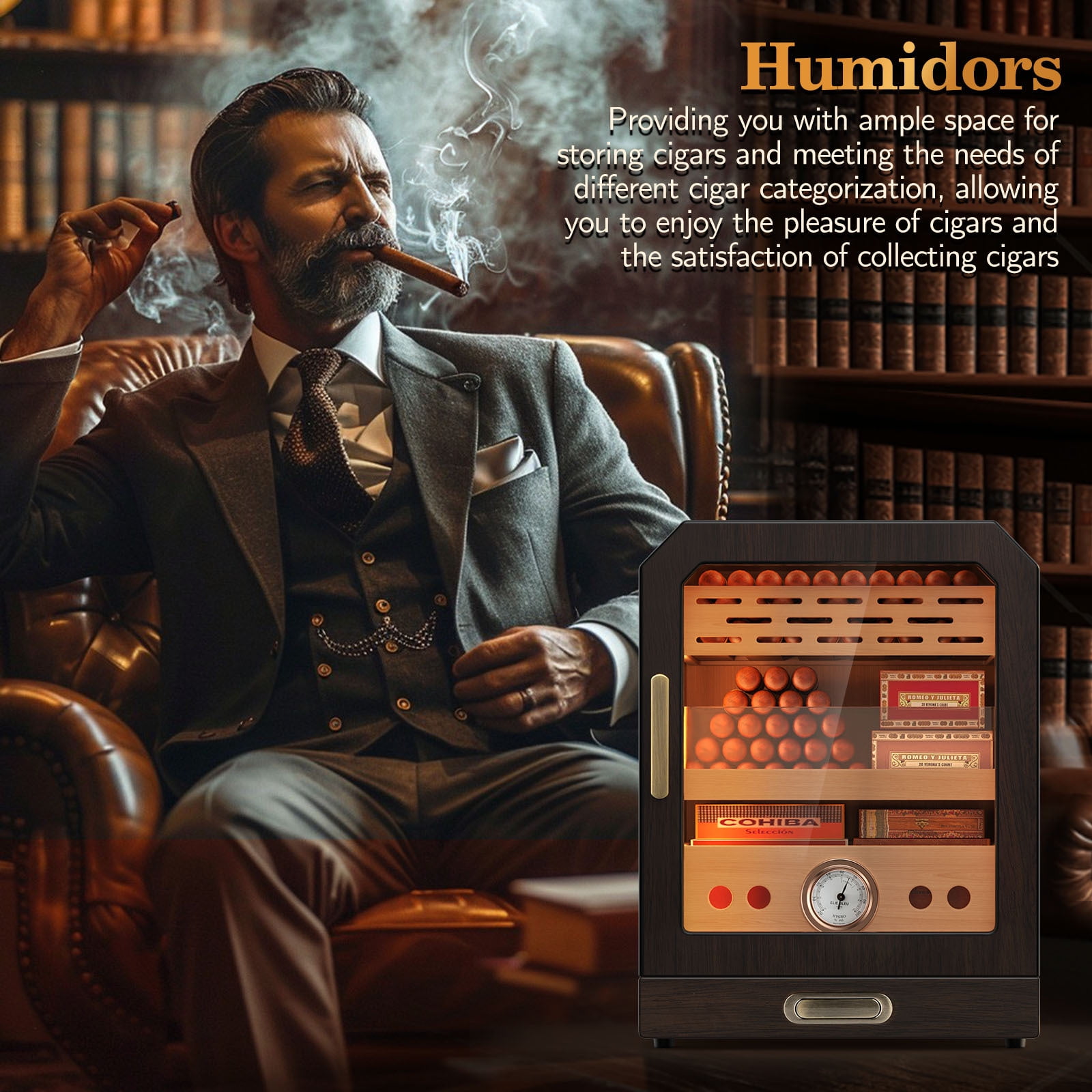 Electric Cigar Humidor Lighted Control Magnetic Door Desktop Cigar Humidor Cabinet,with Cigar Accessory Drawer 2 humidifiers 3 Layer Large Capacity Humidor,Hold 100-150 Cigars Gift for Cigar Lover