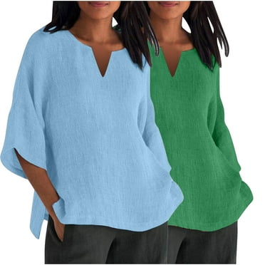 Lenpel Women's 3/4 Sleeve Tops 2 Pc Cotton Linen Plus Size V Neck Loose Casual Solid Color Shirts Summer Beach Blouses